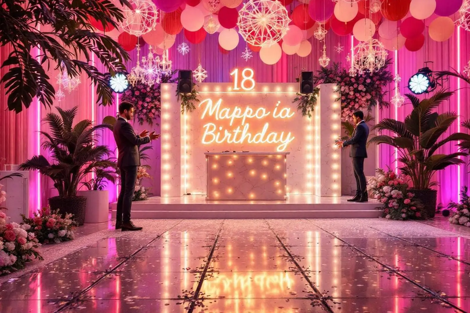 Fiesta de 18 años con luces neón y decoración moderna