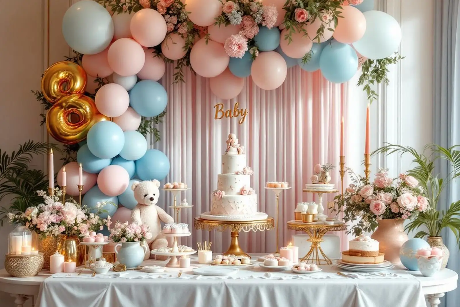 Salón decorado con globos y flores en tonos pastel en La Fábrica de Eventos