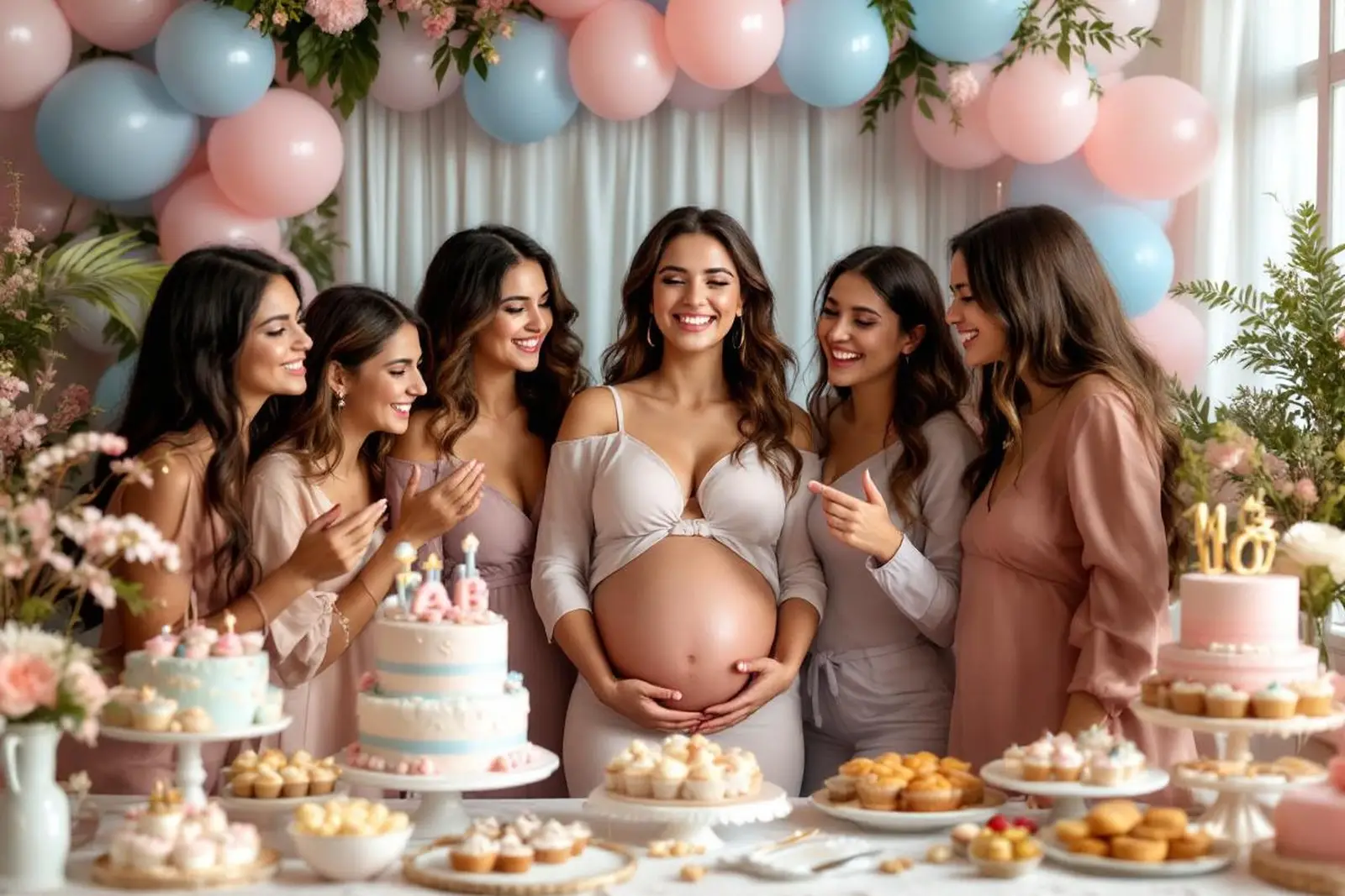 Mamá embarazada en su baby shower rodeada de amigas