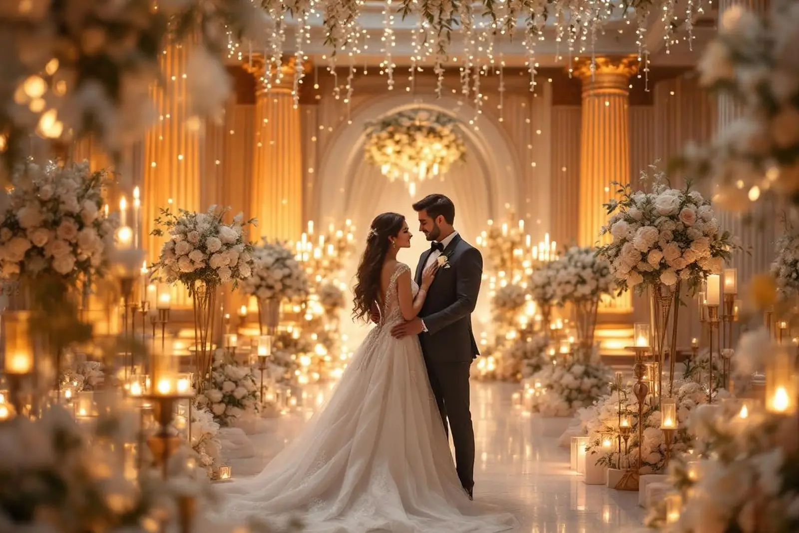 Boda elegante en salón decorado con luces doradas