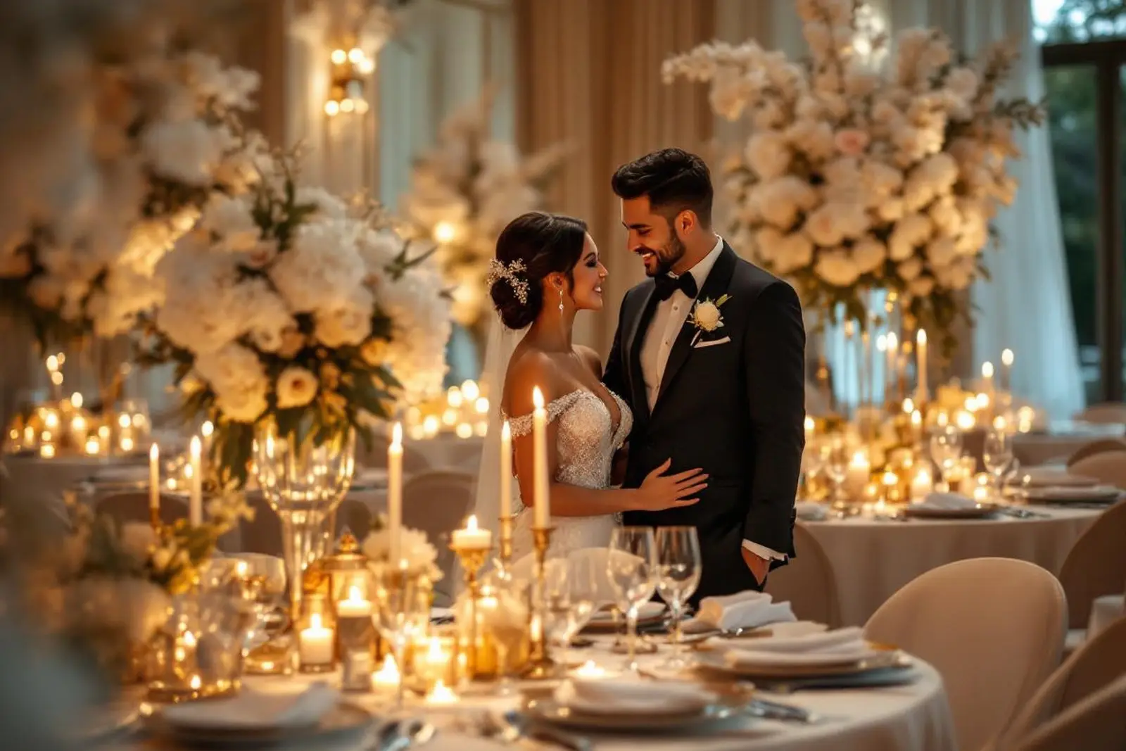 Recepción con mesas decoradas y flores en La Fábrica de Eventos