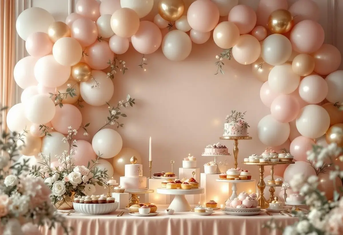 Decoración baby shower con globos rosa y dorado