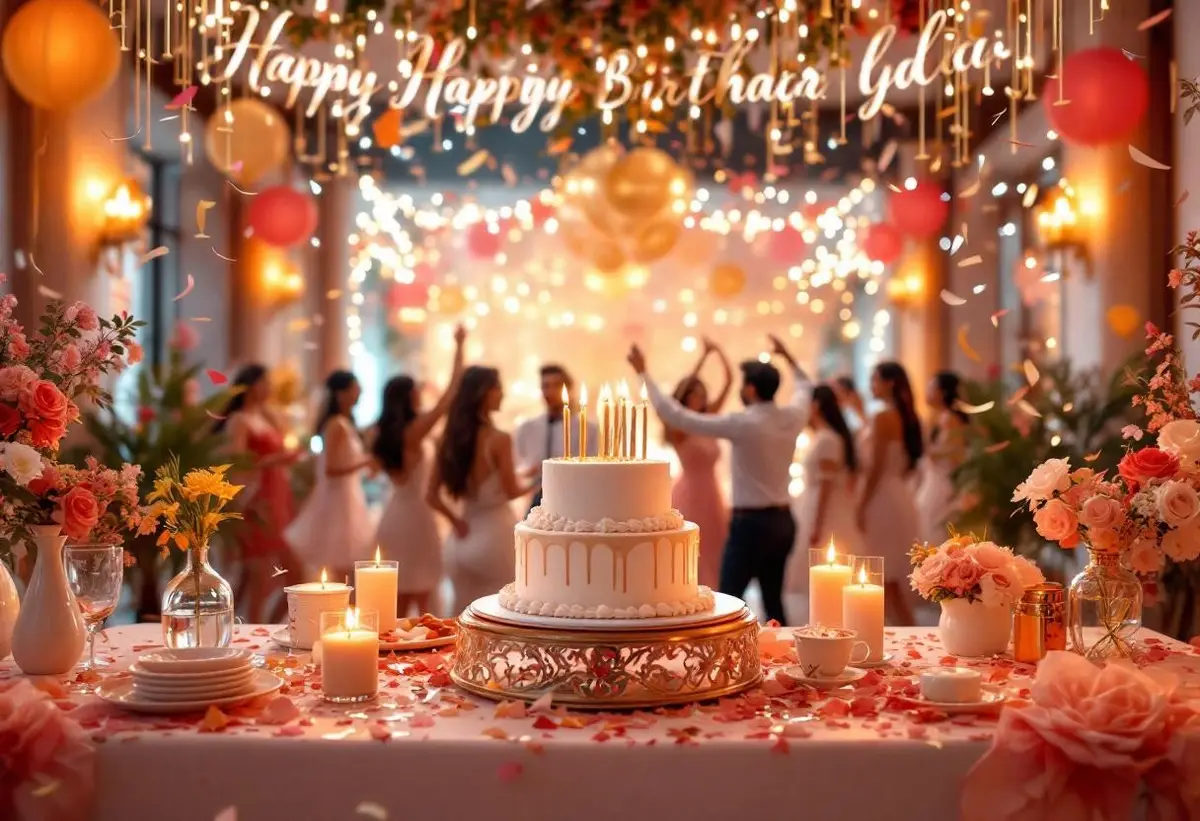 Vista panorámica del salón decorado para cumpleaños