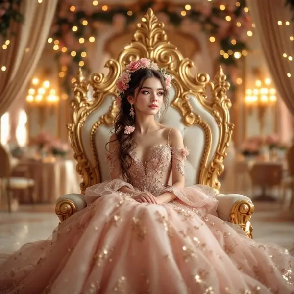 Quinceañera en su trono dorado