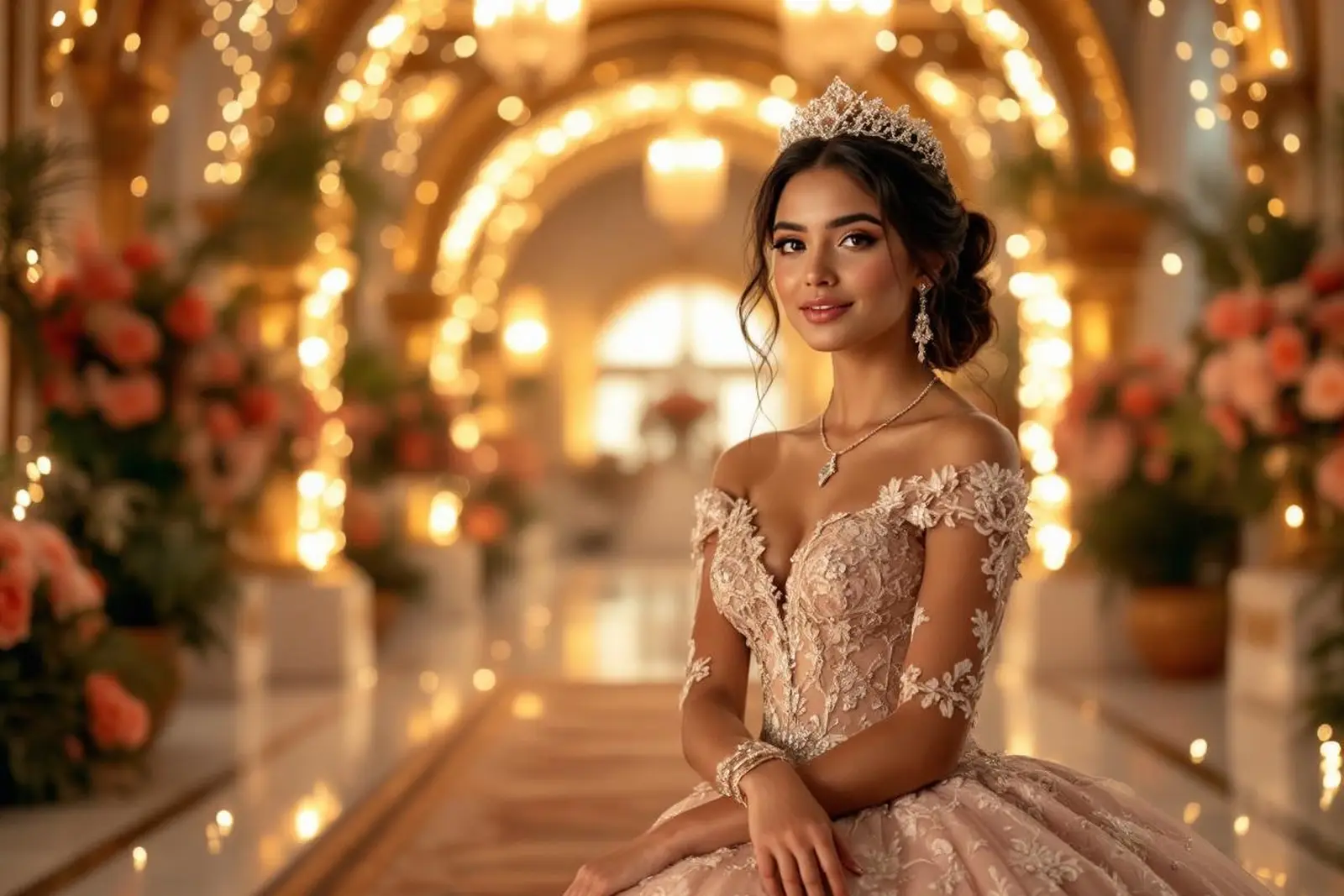 Quinceañera con vestido de gala en salón decorado con luces