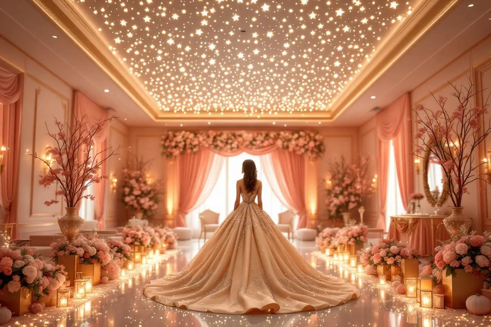 Decoración de XV años con techo de estrellas y flores